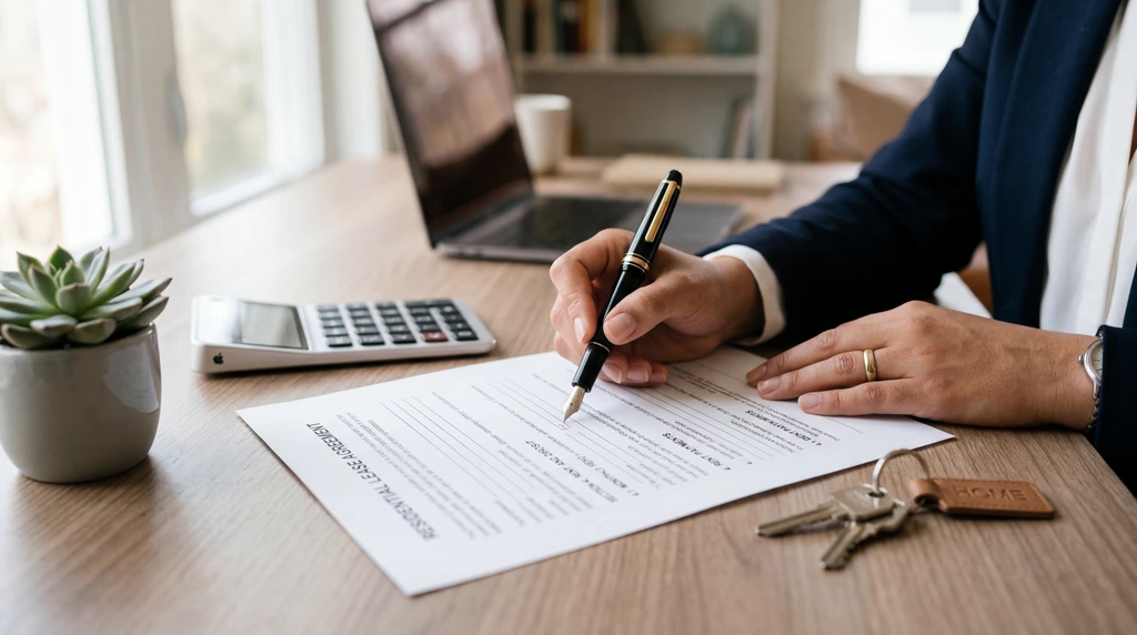 Ein Mieter prüft konzentriert einen Staffelmietvertrag und kalkuliert die zukünftigen Kosten